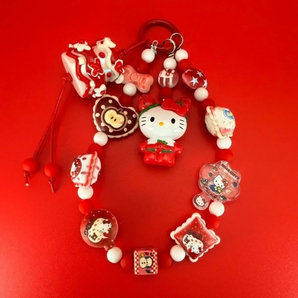 Handmade 3 Layered Red White HK Theme Cake Cat Phone Keychain Wristlet Bag Charm